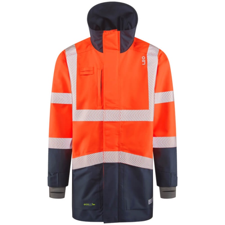 Leo Workwear A04-O/NV CLOVELLY Leo EcoViz 15K Performance+ Breathable Anorak Orange/Navy